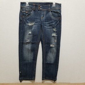 Apollo jeans 5/6 denim distressed destroyed grunge roll tab cuff capris holes